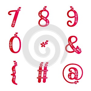 Isolated 123 digits. Numbers and symbols collection. Red pink gradient number set. Valentines day vector.