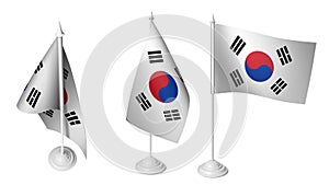 Isolated 3 Small Desk South Korea Flag waving 3d Realistic South Korean Desk Flag