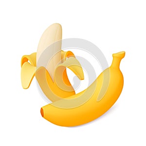 Isolated 3d bananas. Clean banana and in peel. Yellow tropical fruits, exotic vitamin sweet dessert food. Realistic