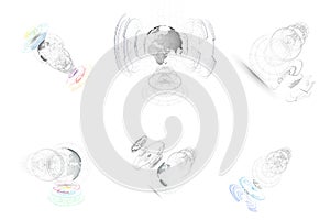 Isolated 3D dotted world globes with abstract construction, connecting lines on white background. Vector design