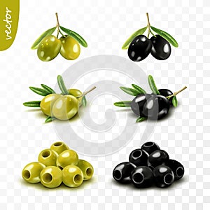 Isolated 3D green and black olives with leaves, seedless, realistic vector set