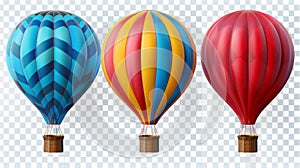 Isolated 3D illustration of hoy air balloon basket on transparent background. Realistic aerostat in red, blue, and