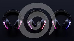 Isolated 3D modern DJ headset with neon light. Realistic set of black headphone icons. Dark gadget mockup for