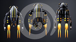 Isolated 3D modern illustration of a futuristic jetpack with yellow stripes on the wings and fire on the top. Jetpack