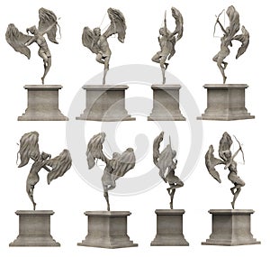 Isolated 3d render illustration of antique ancient stone angel warrior statue with bow