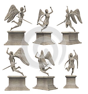 Isolated 3d render illustration of antique ancient stone flying angel warrior statue