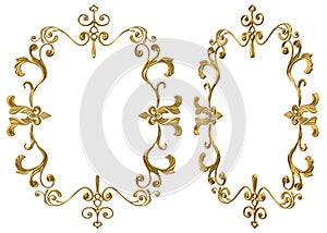 Isolated 3d render illustration of golden baroque antique ornate picture frame