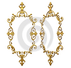 Isolated 3d render illustration of golden baroque ornate monarch picture frame