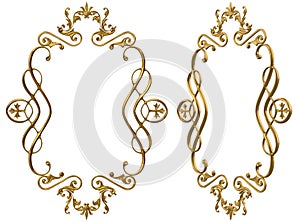 Isolated 3d render illustration of golden baroque ornate picture frame with cross