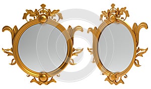 Isolated 3d render illustration of golden or copper baroque mirror frame on white background