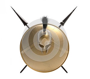 Isolated 3d render illustration of spartan helmet and shield composition