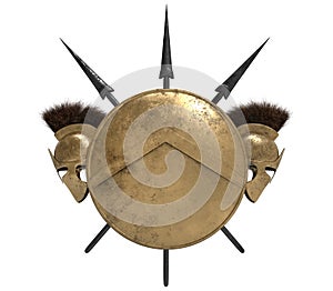 Isolated 3d render illustration of spartan shield, helmets and spears