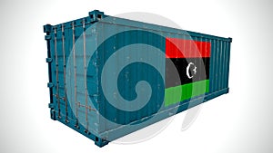 Isolated 3d rendering shipping sea cargo container textured with National flag of Libya