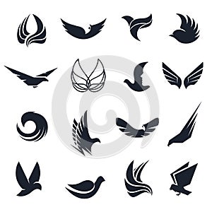 Isolated abstract black and white birds, butterflies wings with feathers logo set. Flight logotype collection. Air icons