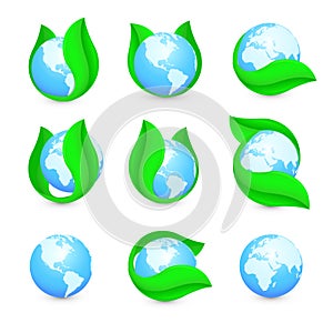 Isolated abstract blue earth hemispheres in green leaf logo set. Natural pure liquid logotype collection. Planet globe