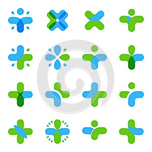 Isolated abstract blue, green color cross logo set. Medical logotype collection. Religious icon. Vector illustration