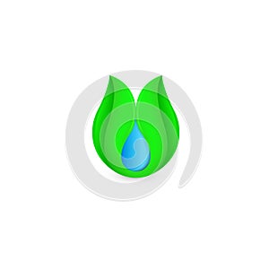 Isolated abstract blue water drop in green leaf logo. Natural pure liquid logotype. Fresh drink icon. Dew sign. Vector