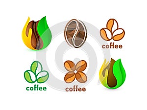 Isolated abstract coffee bean logo set. Eco energetic drink logotype collection. Natural seed icon. Brown drop in palm