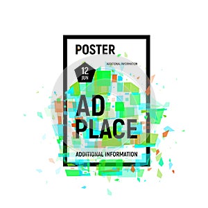 Isolated abstract colorful broken glass explosion in rectangular frame, ad place poster in green shades,geometric