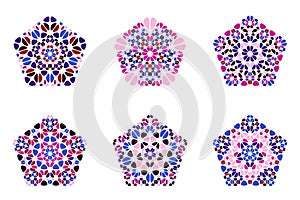Isolated abstract colorful flower ornament pentagon symbol set