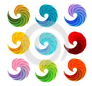 Isolated abstract colorful swirl logos set on white background vector illustration, waves logotypes collection,circular