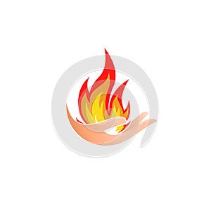 Isolated abstract fire logo. Flame in hand logotype. Hot palm icon. Heat sign. Flammable symbol. Vector illustration.