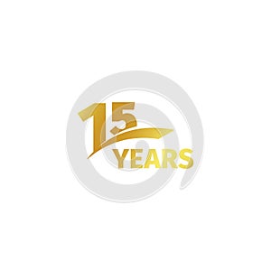 Isolated abstract golden 15th anniversary logo on white background. 15 number logotype. Fifteen years jubilee