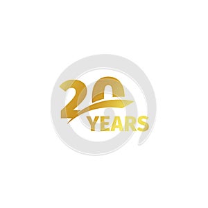 Isolated abstract golden 20th anniversary logo on white background. 20 number logotype. Twenty years jubilee celebration