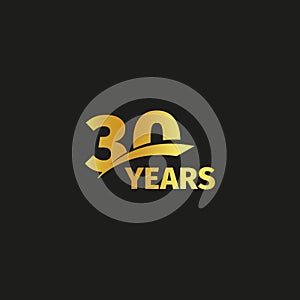 Isolated abstract golden 30th anniversary logo on black background. 30 number logotype. Thirty years jubilee celebration