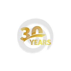 Isolated abstract golden 30th anniversary logo on white background. 30 number logotype. Thirty years jubilee celebration