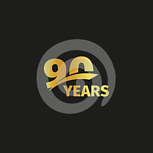 Isolated abstract golden 90th anniversary logo on black background. 90 number logotype. Ninty years jubilee celebration