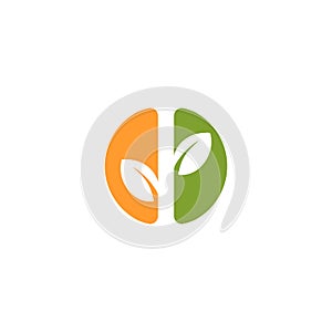 Isolated abstract green and orange color round shape logo. Leaf logotype. Natural cosmetics icon. Eco system element