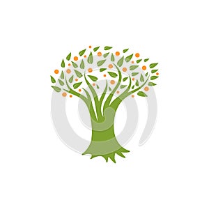 Isolated abstract green, orange color tree logo. Natural element logotype. Leaves and trunk icon. Park or forest sign