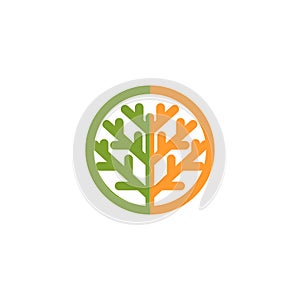 Isolated abstract green, orange color tree logo. Natural element logotype. Leaves and trunk icon. Park or forest sign