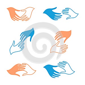 Isolated abstract human hands vector logo set. Touching fingers logotypes.