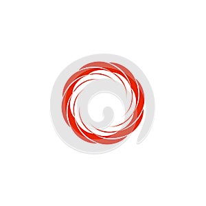 Isolated abstract red color circular sun logo. Round shape logotype. Swirl, tornado and hurricane icon. Spining hypnotic