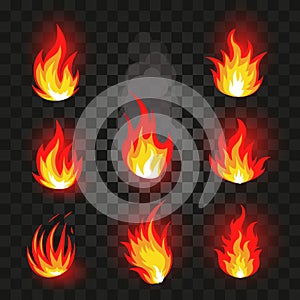 Isolated abstract red and orange color fire flame logo set on black background. Realistic hot campfire logotype