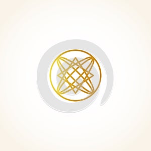 Isolated abstract round shape golden color logo, decorative luxurious gold logotype, floral pattern vector illustration