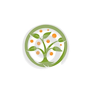 Isolated abstract round shape green, orange color tree logo. Natural element logotype. Leaves and trunk icon. Park or