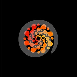 Isolated abstract round shape orange color logo, dotted stylized sun logotype on black background,swirl vector