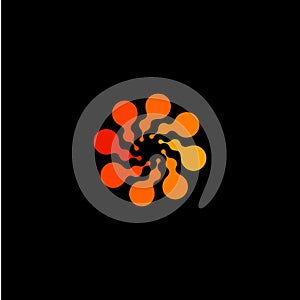 Isolated abstract round shape orange color logo, dotted stylized sun logotype on black background,swirl vector