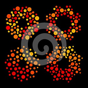 Isolated abstract round shape orange and red color logo set, dotted stylized sun logotype collection on black background