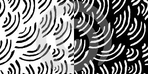 Isolated abstract scaly background with curled lines. Black and white striped background. Two square seamless patterns