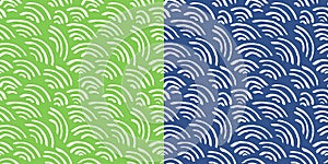 Isolated abstract scaly background with curled lines. Green and blue striped background. Two square seamless patterns for