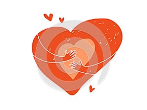 Isolated abstract vector illustration of big red heart hugging self by hands