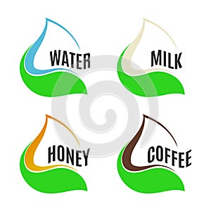 Isolated abstract water,milk,honey,coffee drops in green fresh leaf logo set. Natural products logotype collection