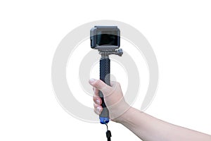 Isolated action camera on stich in hand