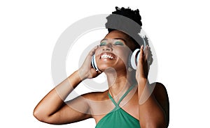 Isolated African woman, headphones and excited with music, fashion or smile by transparent png background. Happy gen z