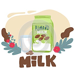 Isolated almond milk in paper package with liquid splash and nuts, natural drink branding on carton container with lid
