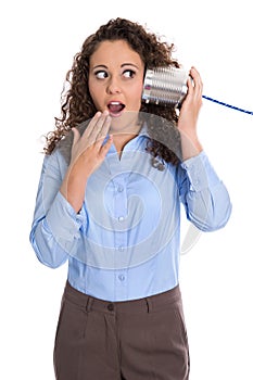 Isolated amazed funny business woman calling with tin can phone.